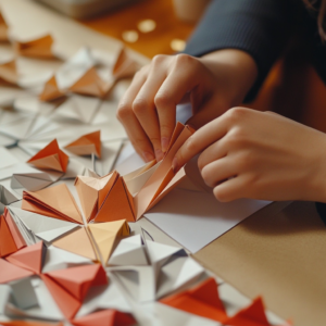 A person is making origami, using scissors, glue and ruler as tools